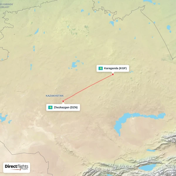 Zhezkazgan - Karaganda direct flight map