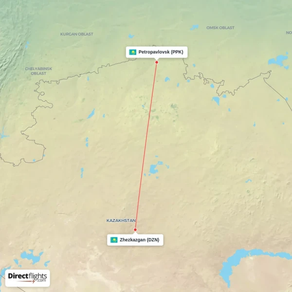 Zhezkazgan - Petropavlovsk direct flight map