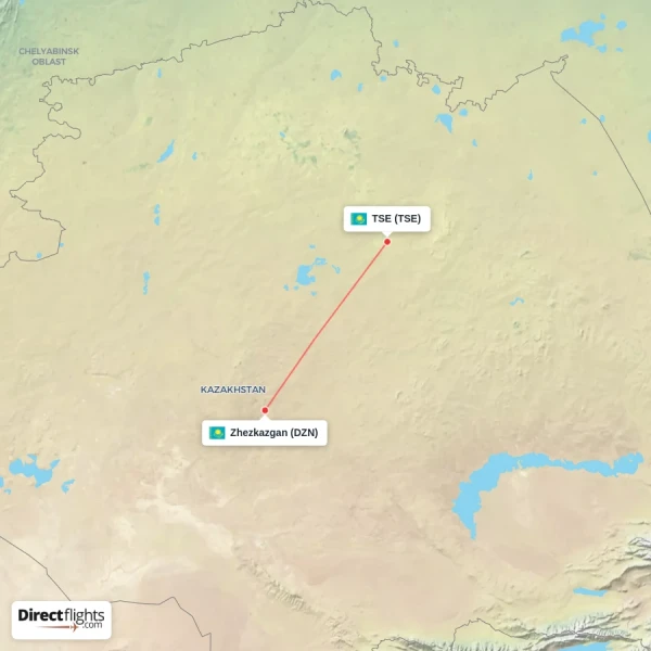 Zhezkazgan - TSE direct flight map