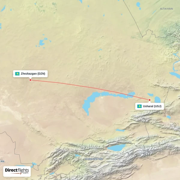 Zhezkazgan - Usharal direct flight map
