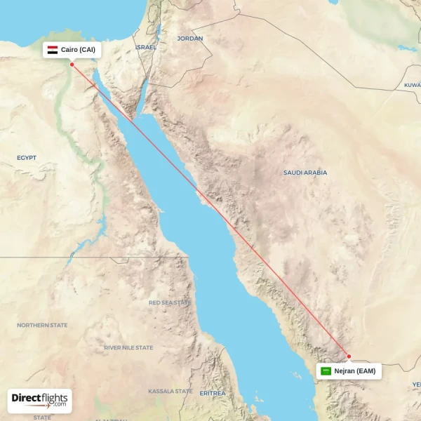 Nejran - Cairo direct flight map