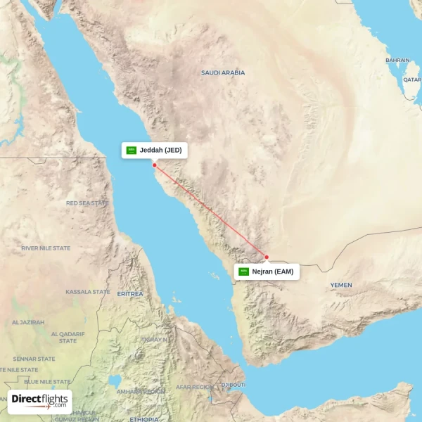 Nejran - Jeddah direct flight map