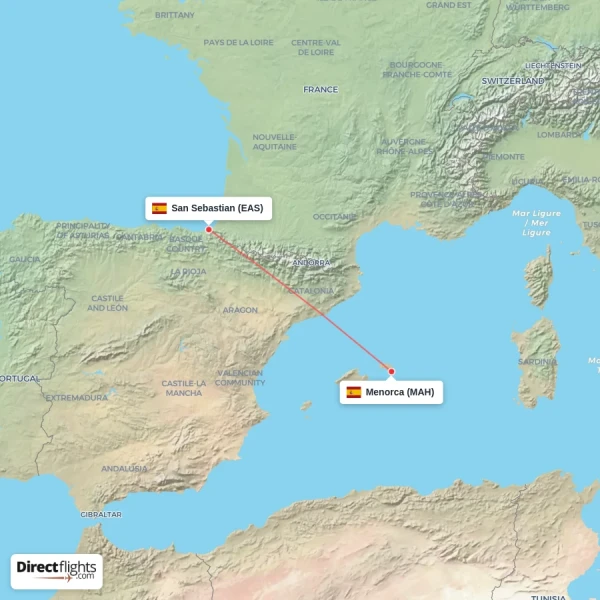 San Sebastian - Menorca direct flight map