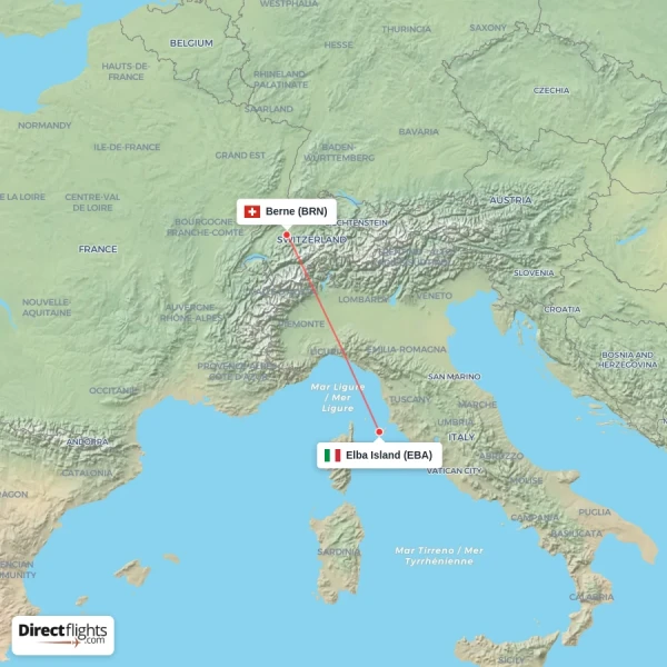 Elba Island - Berne direct flight map