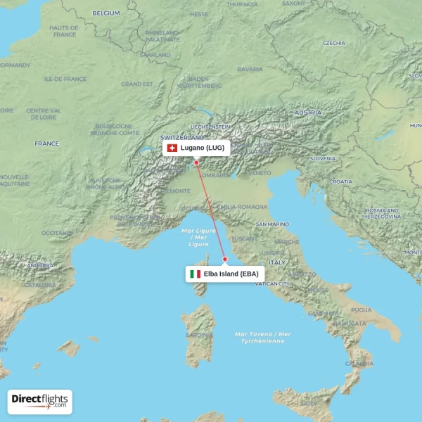 Elba Island - Lugano direct flight map