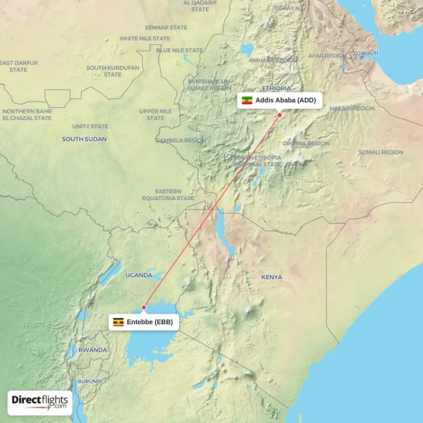 Entebbe - Addis Ababa direct flight map