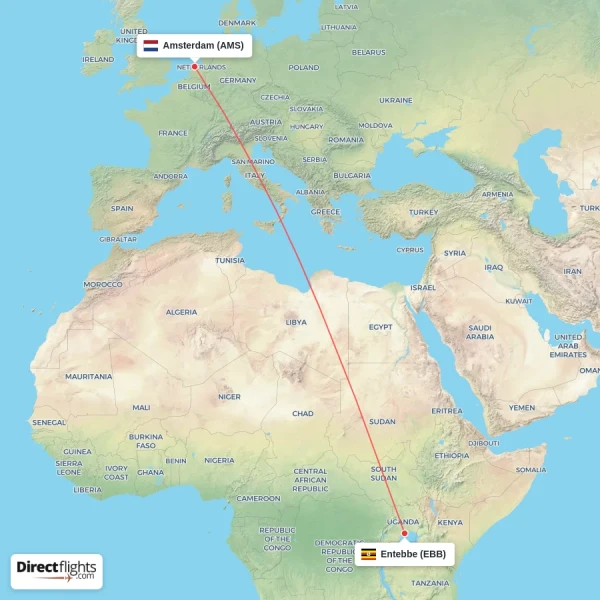 Entebbe - Amsterdam direct flight map