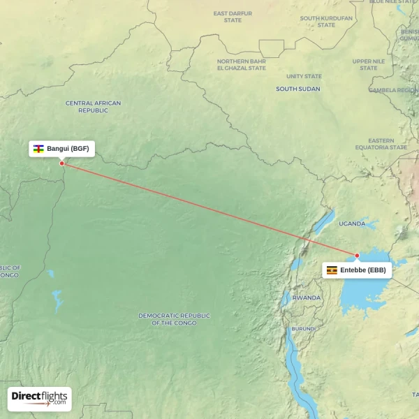 Entebbe - Bangui direct flight map