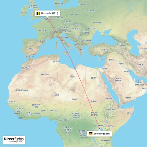 Entebbe - Brussels direct flight map