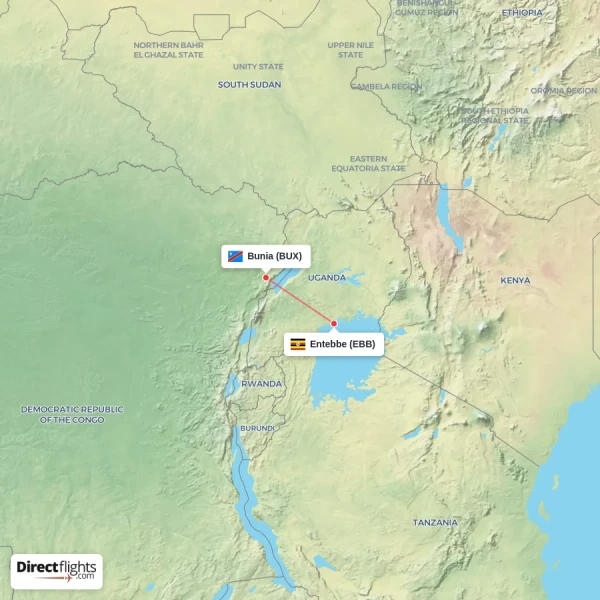 Entebbe - Bunia direct flight map