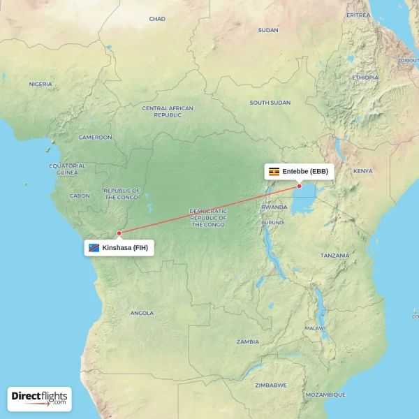Entebbe - Kinshasa direct flight map