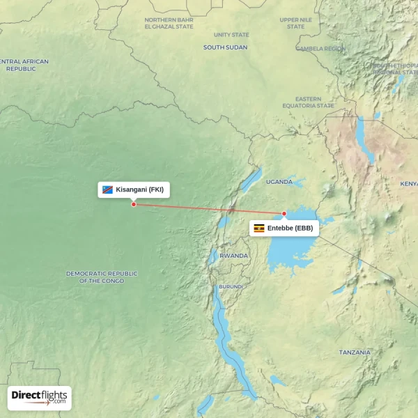 Entebbe - Kisangani direct flight map