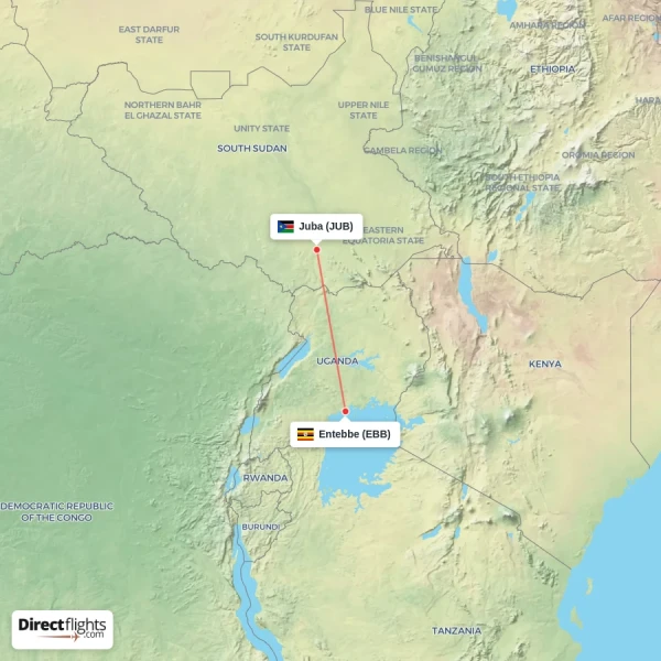 Entebbe - Juba direct flight map