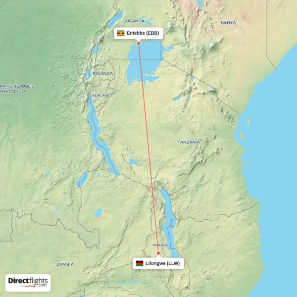 Entebbe - Lilongwe direct flight map