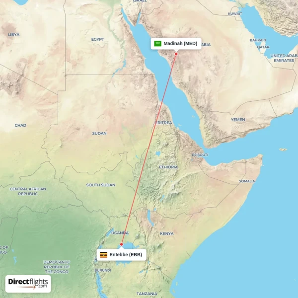 Entebbe - Madinah direct flight map
