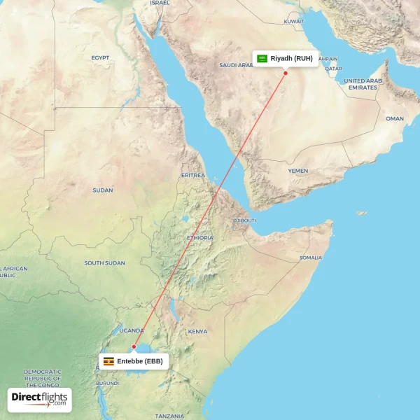 Entebbe - Riyadh direct flight map