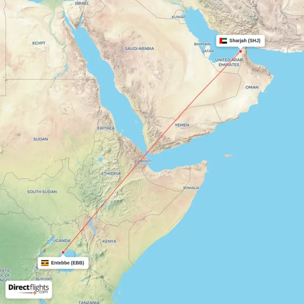 Entebbe - Sharjah direct flight map