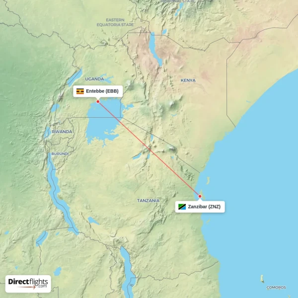 Entebbe - Zanzibar direct flight map