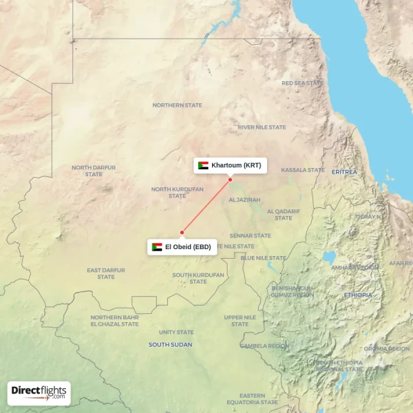 El Obeid - Khartoum direct flight map