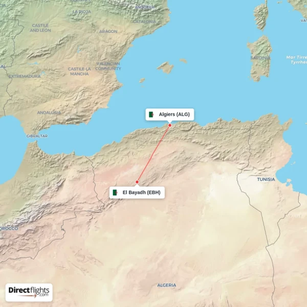 El Bayadh - Algiers direct flight map