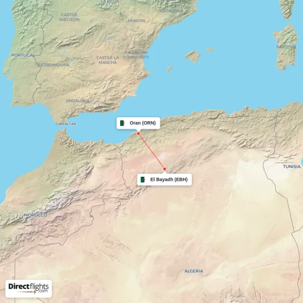 El Bayadh - Oran direct flight map