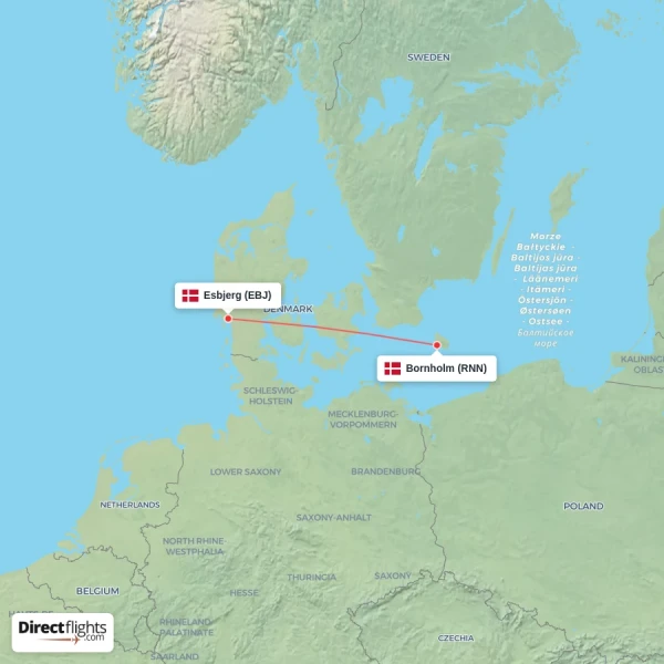 Esbjerg - Bornholm direct flight map
