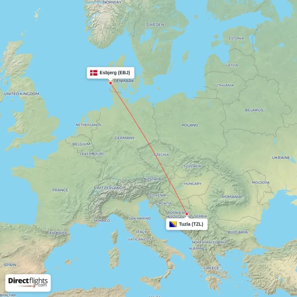 Esbjerg - Tuzla direct flight map