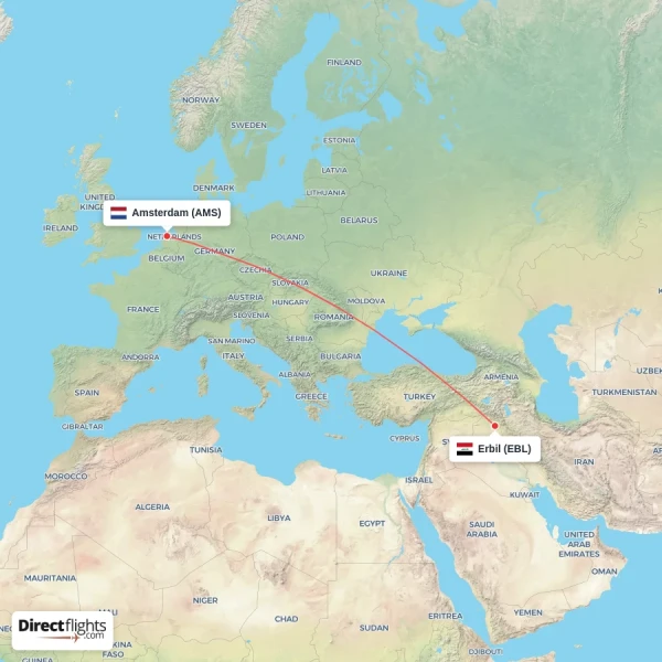 Erbil - Amsterdam direct flight map