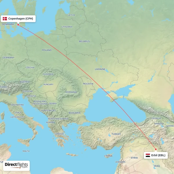 Erbil - Copenhagen direct flight map