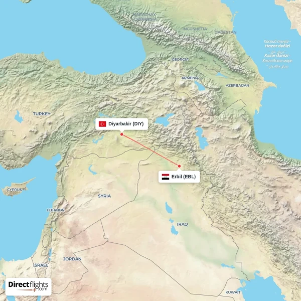 Erbil - Diyarbakir direct flight map
