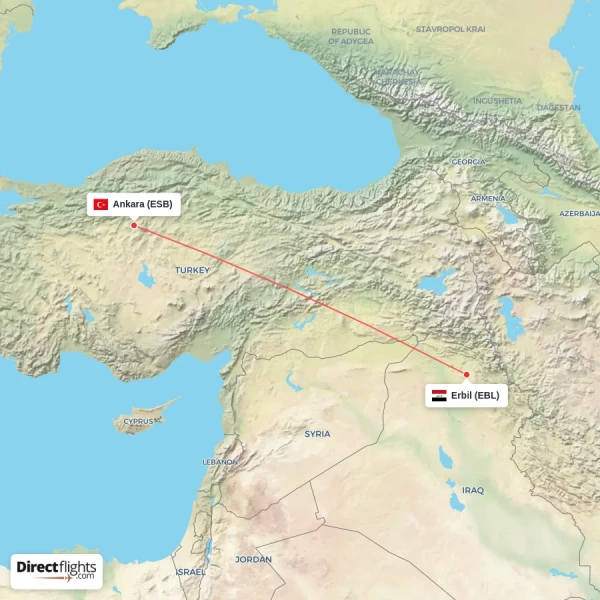 Erbil - Ankara direct flight map