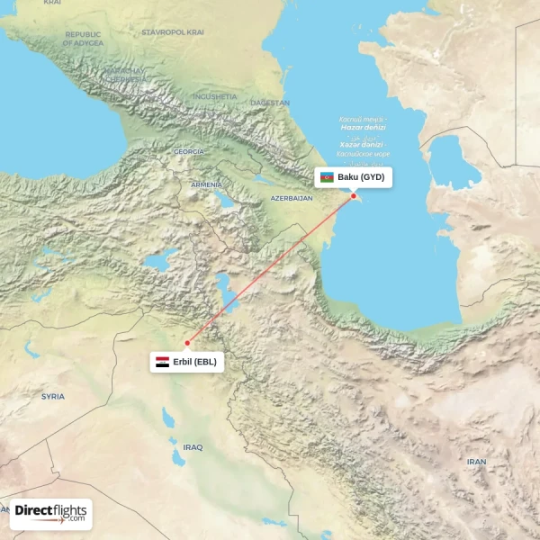 Erbil - Baku direct flight map