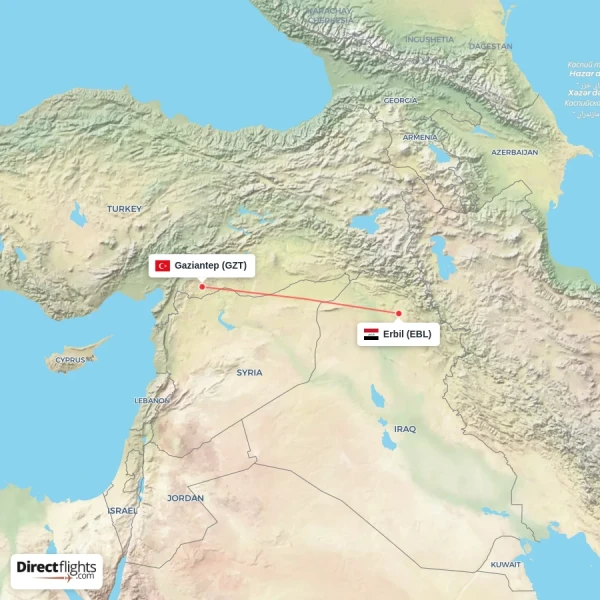 Erbil - Gaziantep direct flight map