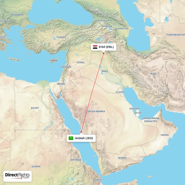 Erbil - Jeddah direct flight map