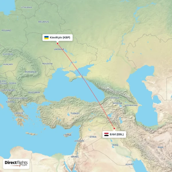 Erbil - Kiev/Kyiv direct flight map