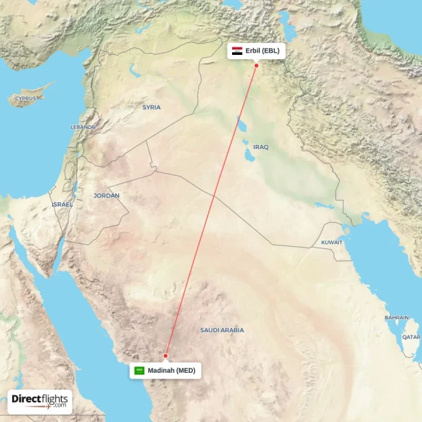 Erbil - Madinah direct flight map