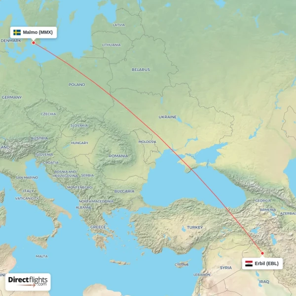 Erbil - Malmo direct flight map