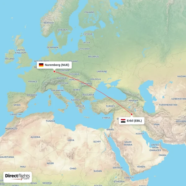 Erbil - Nuremberg direct flight map