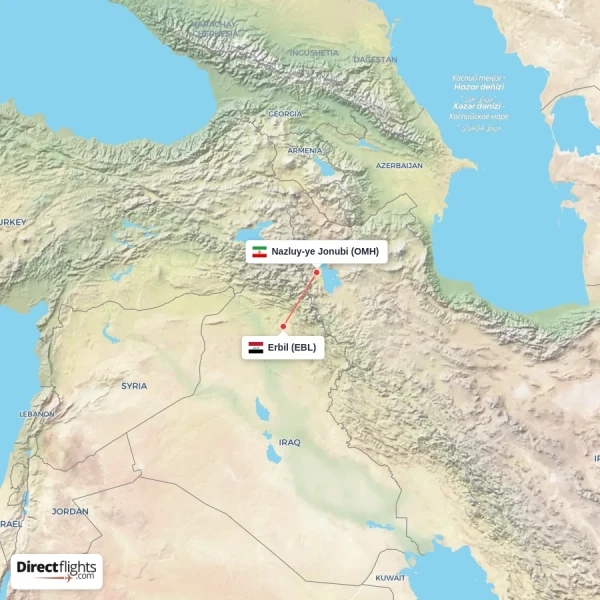 Erbil - Nazluy-ye Jonubi direct flight map