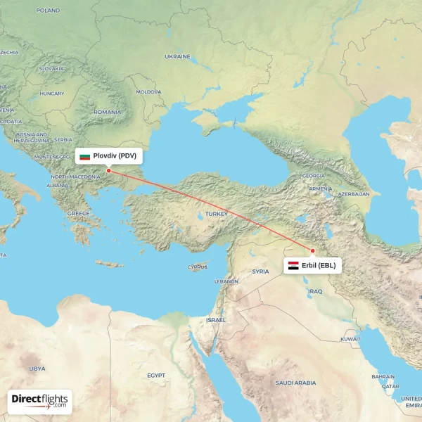 Erbil - Plovdiv direct flight map