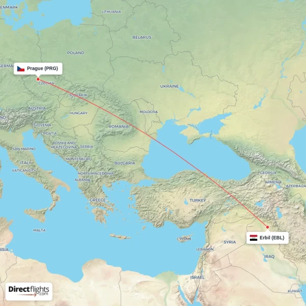 Erbil - Prague direct flight map