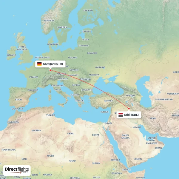 Erbil - Stuttgart direct flight map