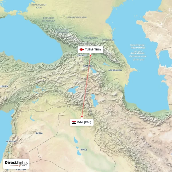 Erbil - Tbilisi direct flight map