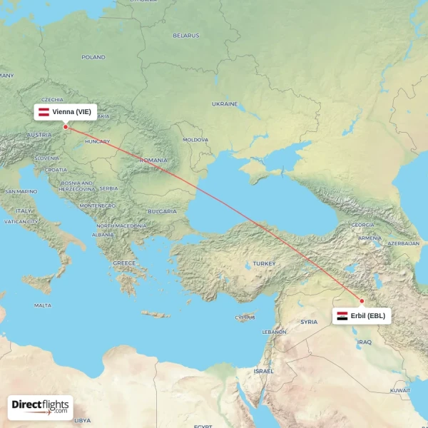 Erbil - Vienna direct flight map