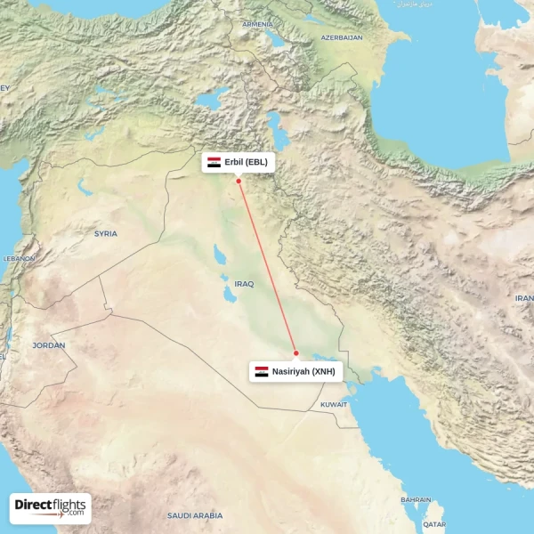 Erbil - Nasiriyah direct flight map