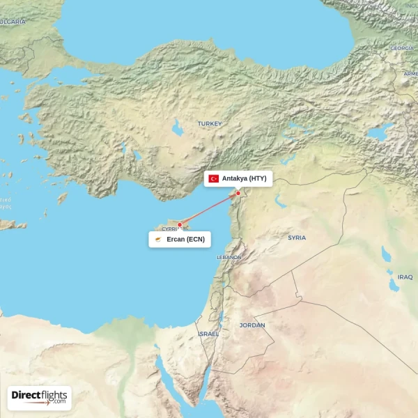 Ercan - Antakya direct flight map