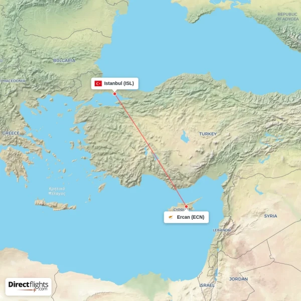 Ercan - Istanbul direct flight map