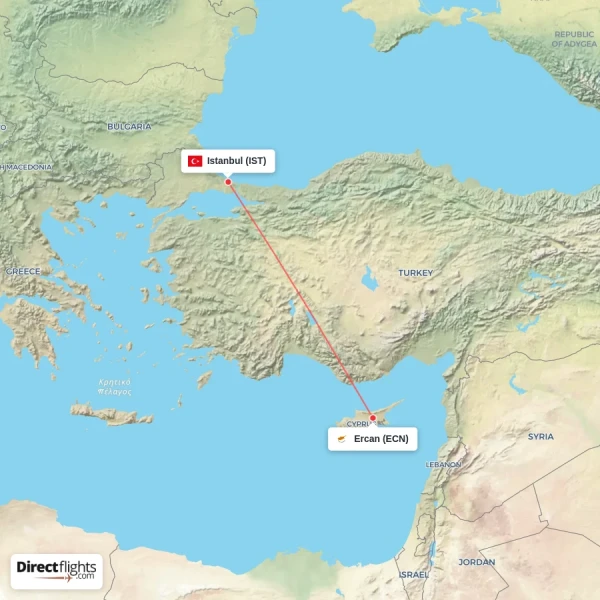 Ercan - Istanbul direct flight map