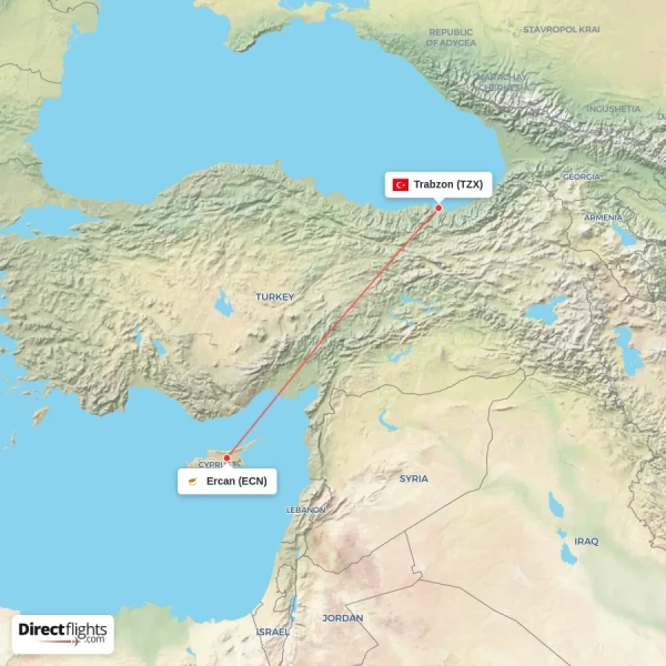 Ercan - Trabzon direct flight map