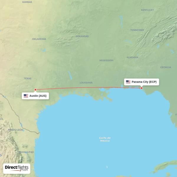 Panama City - Austin direct flight map